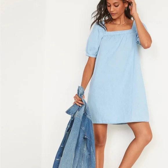 Blue Puff Sleeve & Square Neck Dress - Picture 2 of 3